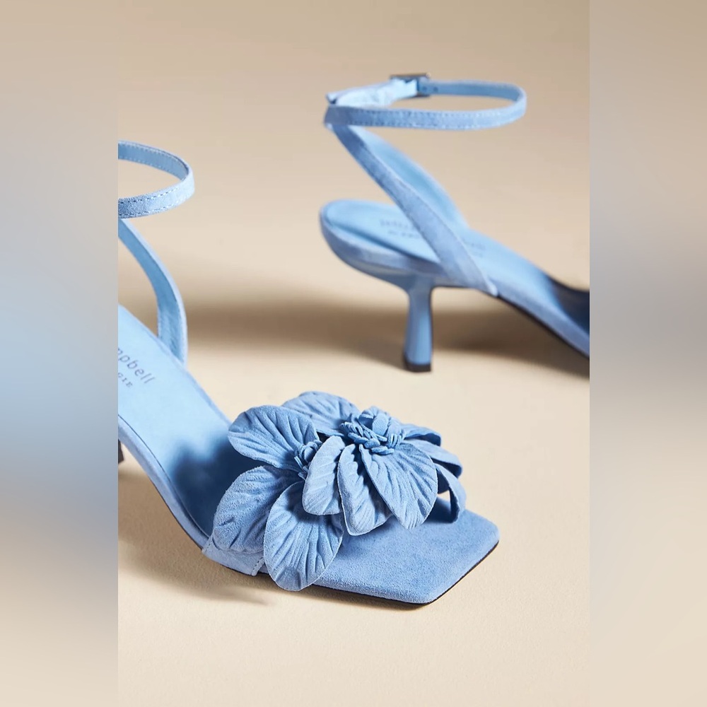 New Jeffrey Campbel Essence Kitten Heels Blue Suede Floral Anthro Womens